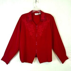 Joanna Plus Women’s Red Embroidered Long Sleeve Blouse / Sz 20W